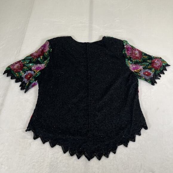 VINTAGE Scala Silk Top Womens 1X Magenta Black Green Floral All Over Sequin - Picture 6 of 11